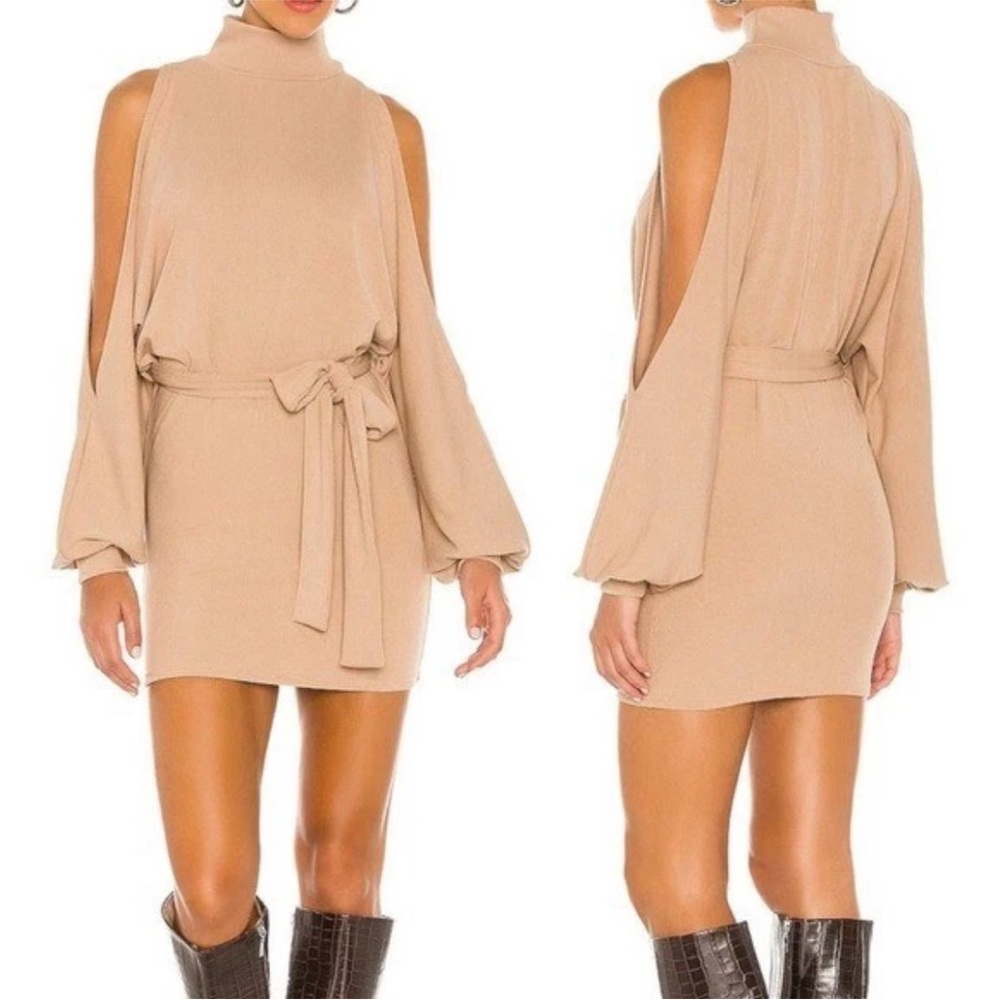 Lovers + Friends Gloria Cold Shoulder Sweater Mini Dress Medium Tan Revolve - Picture 1 of 9